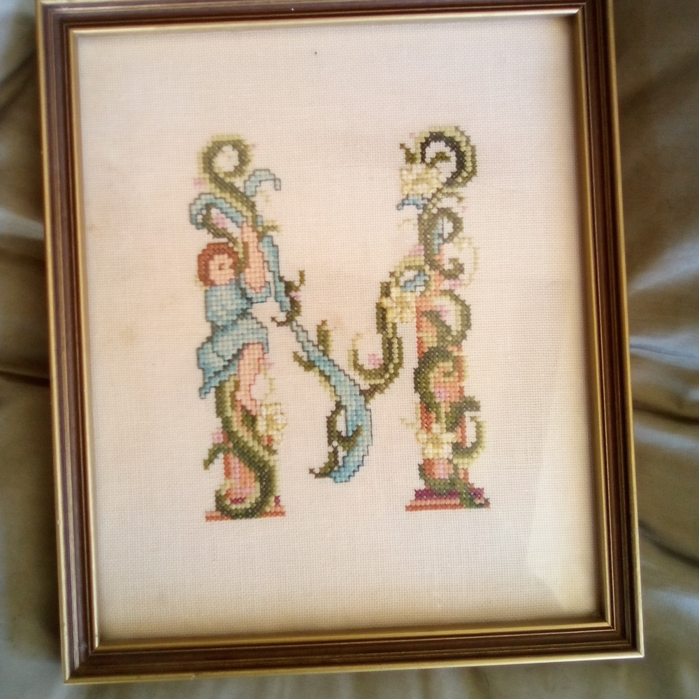 Framed Cross-Stitch Art with Floral Design